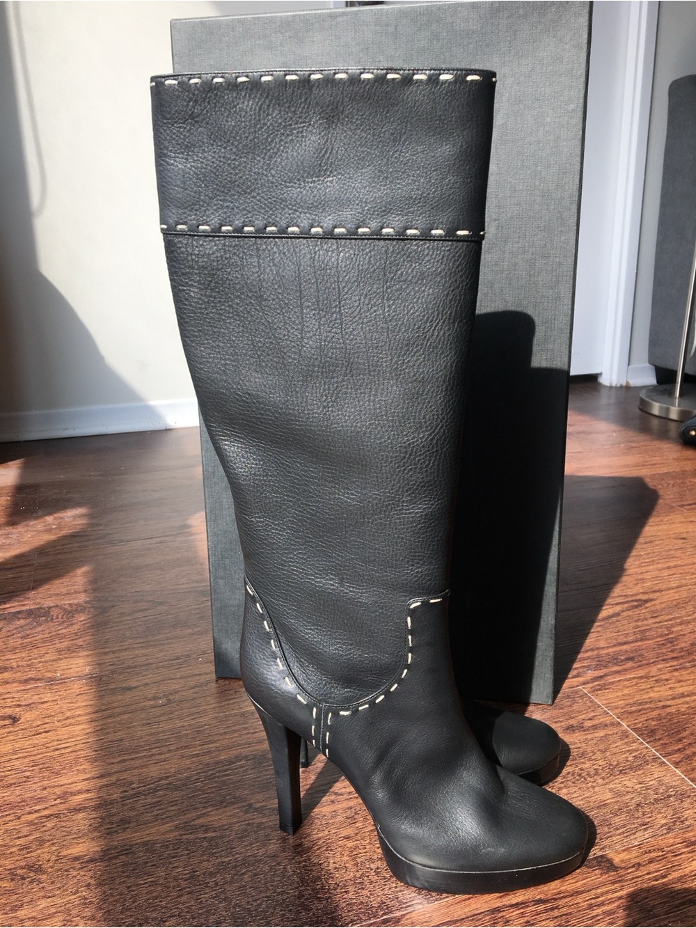 KITON Napoli Italian Leather Knee-High Stiletto Boots Black EU 38.5-Original Box
